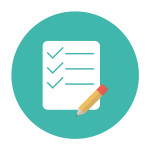 A checklist and a pen in a circular icon