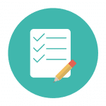 A checklist and a pen in a circular icon